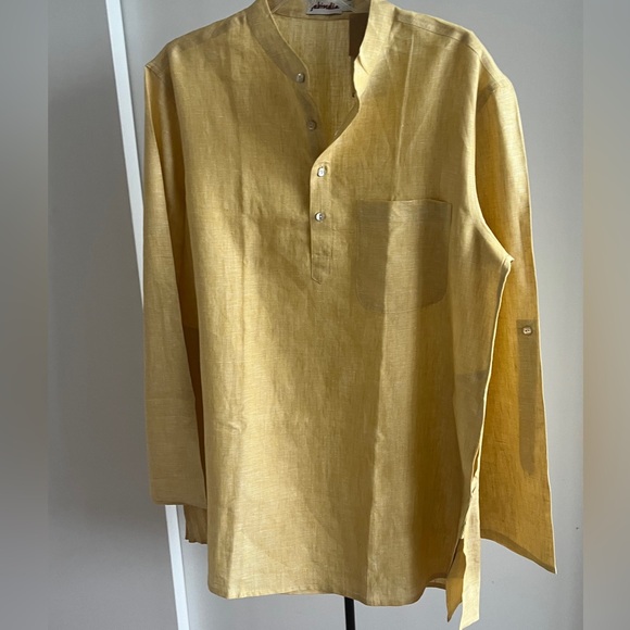 NWT FABINDIA Men 100% Linen Woven Nehru Kurta Mustard Yellow Festive Sz 38 Mediu - Picture 12 of 16